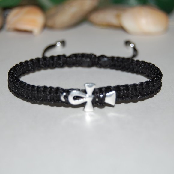 Ankh Cross Bracelet,Black String Bracelet,Silver Ankh Cross Bracelet,Ankh - Picture 3 of 3
